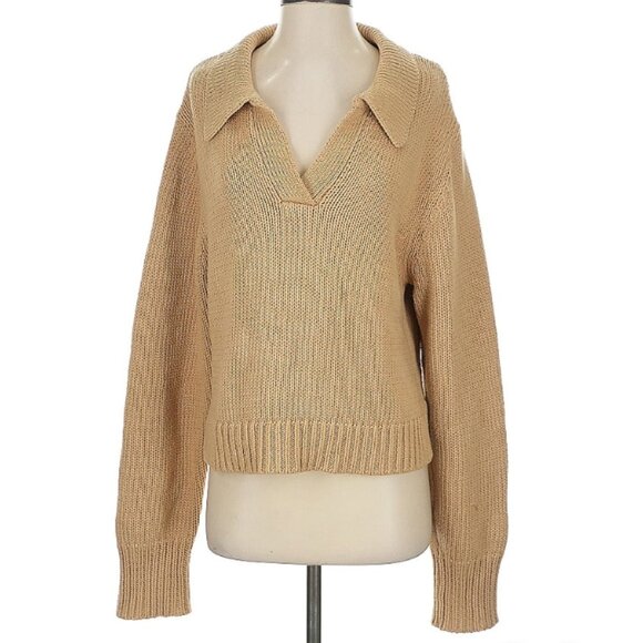 DISSH Sweaters - Dissh Oversized Solid Tan Brown Collared Vneck Knitted Pullover Sweater Jumper